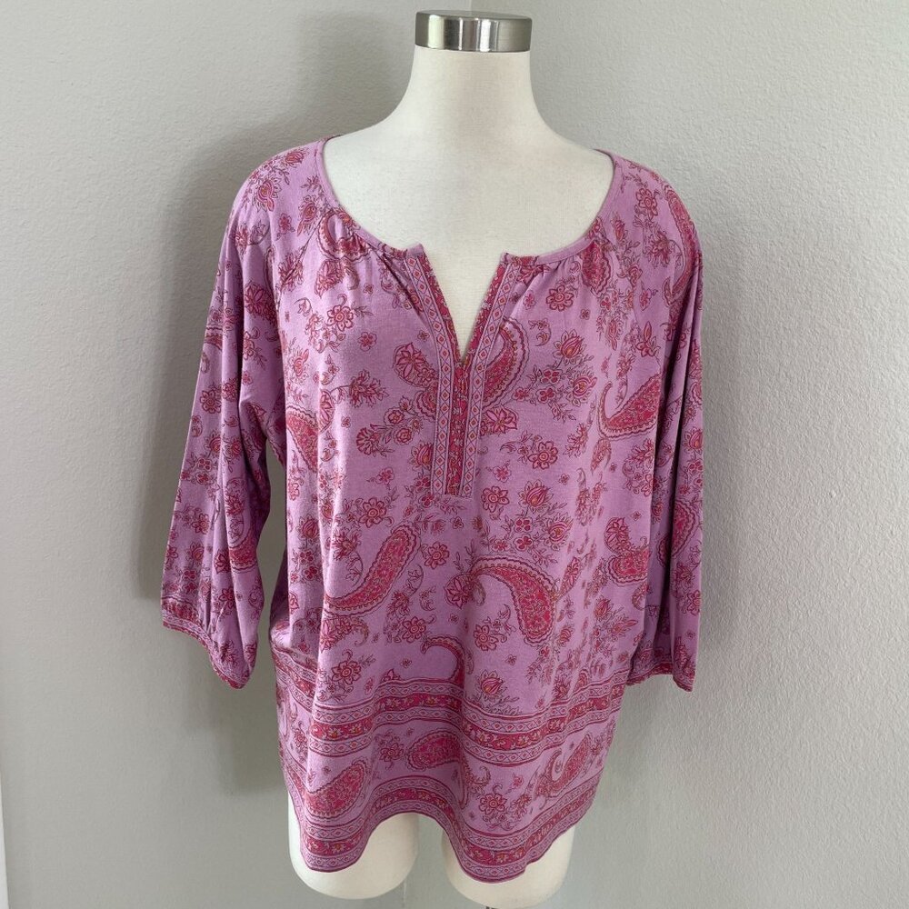 Pure J Jill Womens Large Petite Split Neck Paisley Boarder Print 3/4 Sleeve Top